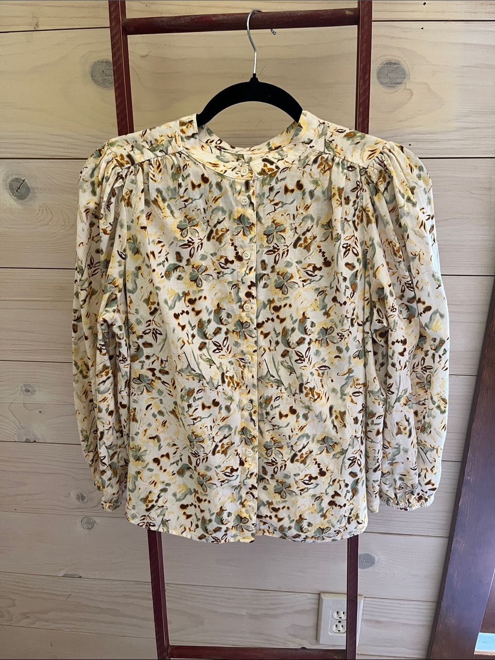 Treasure & Bond Cream Floral Button-Front Blouse with Sage and Brown Accents